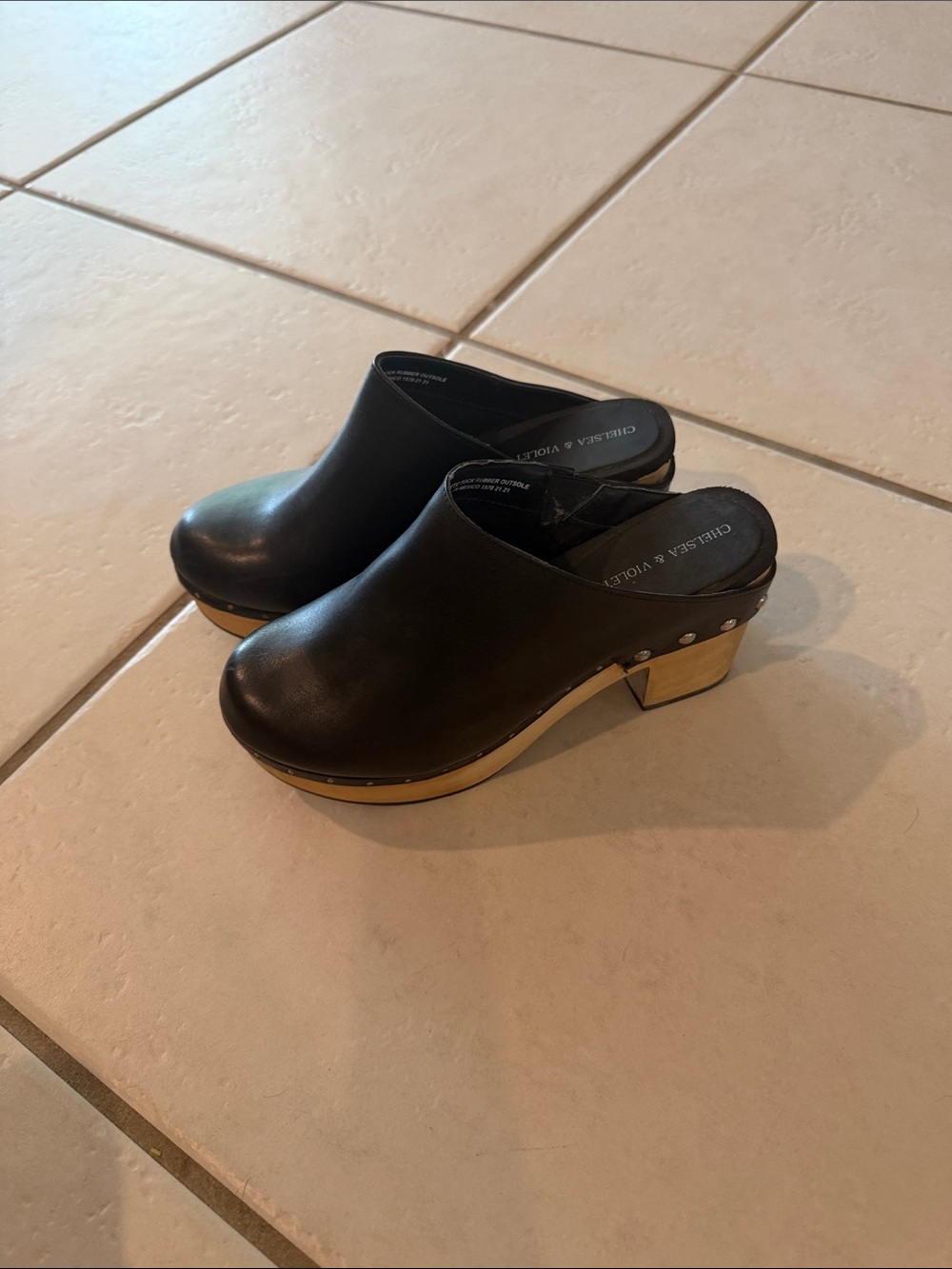Chelsea & Violet Black Leather Clog Mules with Wood-Tone Block Heel